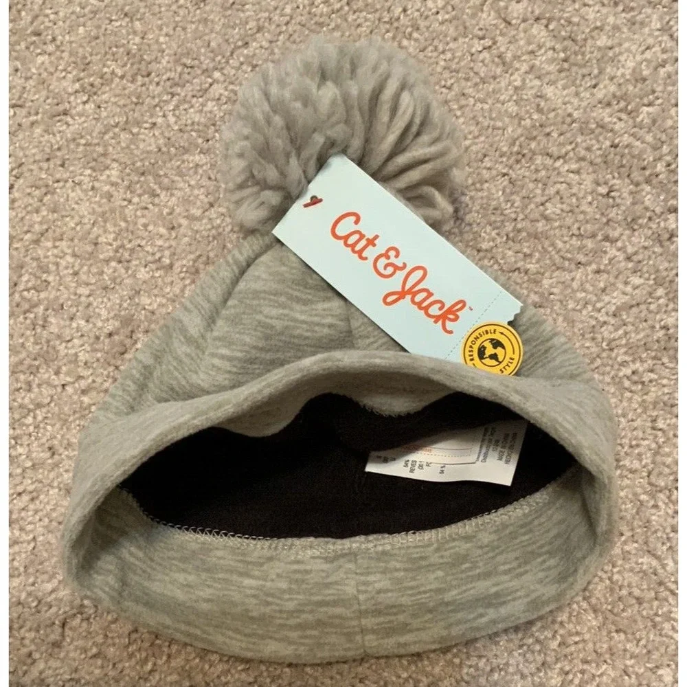 Cat & Jack Toddler Gray Beanie Fleece Lined‎ Winter Hat With Ball 12-24M